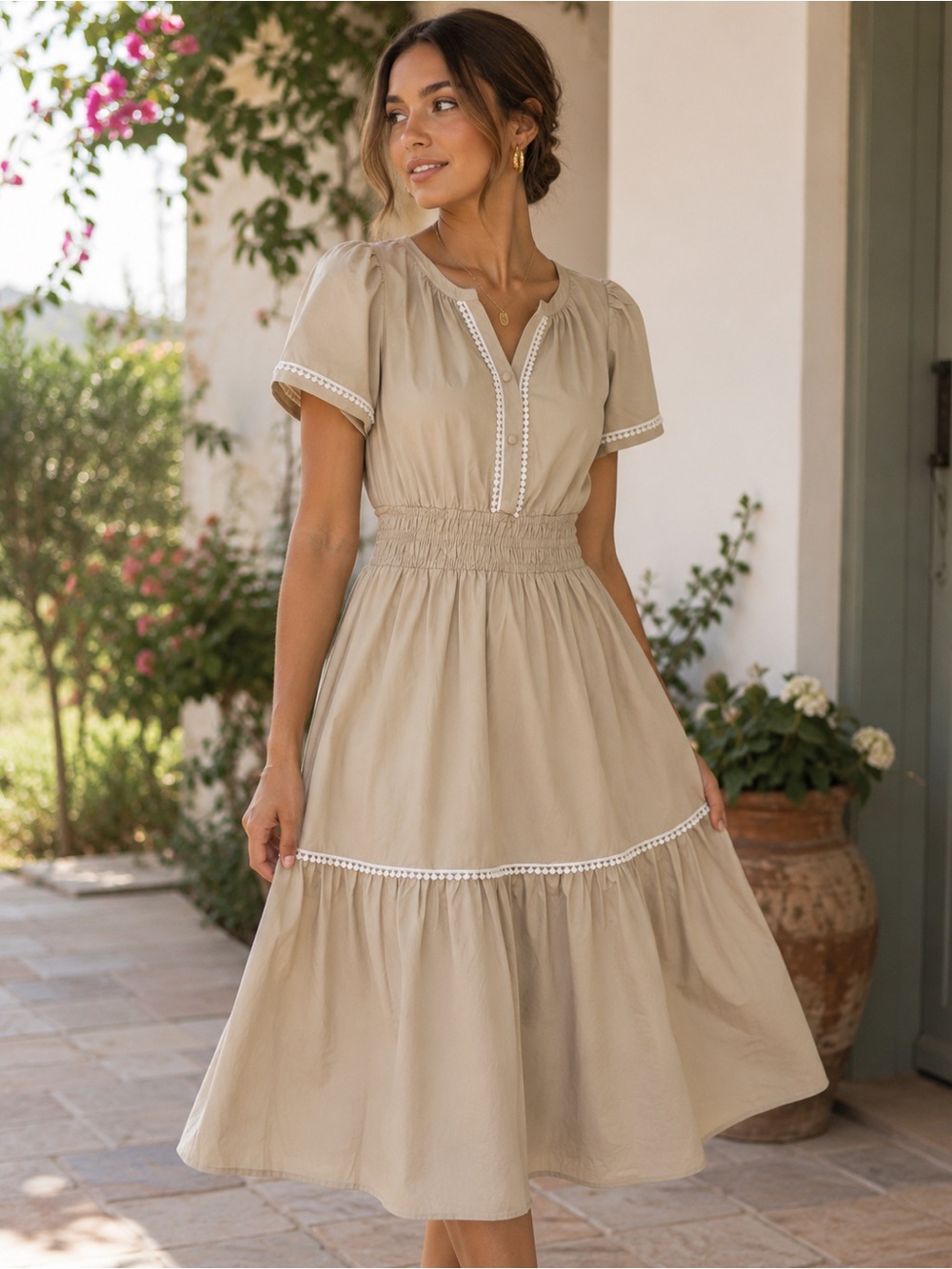 MEET ME IN SANTORINI - Beige Smocked Dress NWT